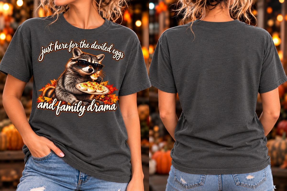 Deviled Eggs & Family Drama Raccoon T-Shirt – Charcoal