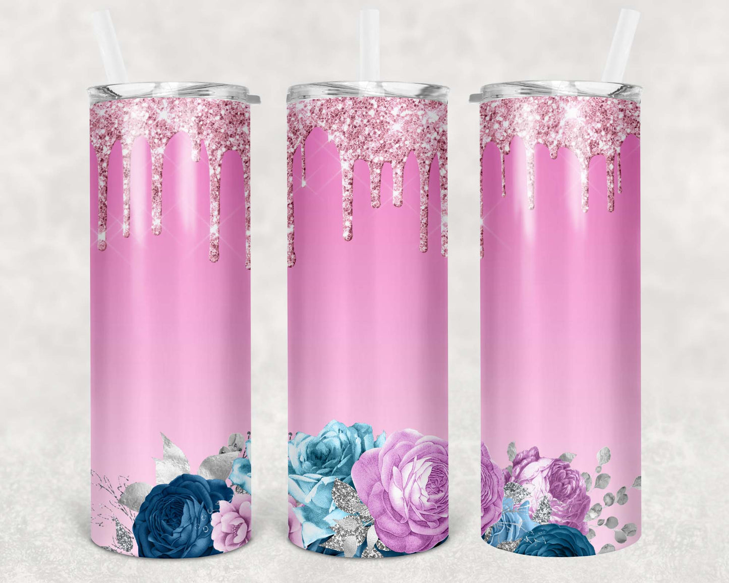 Pink Flower Glitter Tumbler