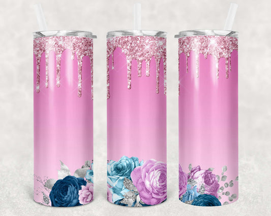 Pink Flower Glitter Tumbler