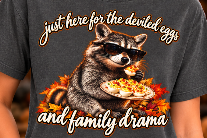 Charcoal T-shirt with sunglasses-wearing raccoon holding deviled eggs, autumn leaves, and Just Here for the Deviled Eggs and Family Drama lettering; plain back