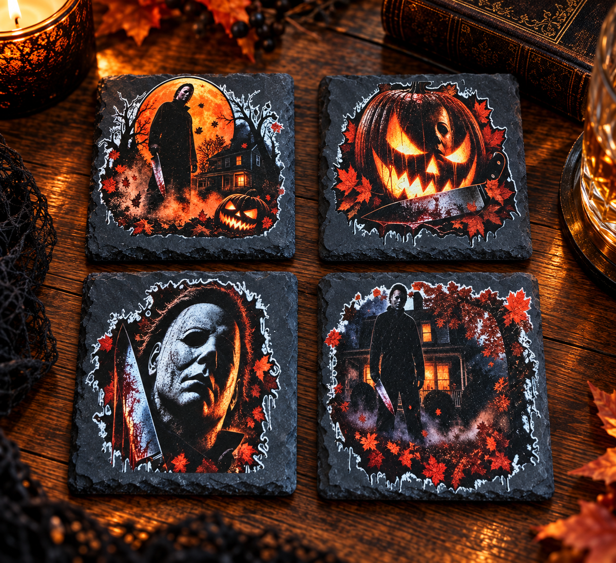 Four Halloween-inspired slate coasters featuring Michael Myers, a glowing jack-o’-lantern, knives, and autumn leaves
