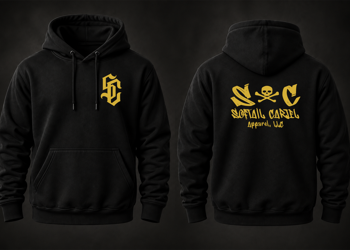 Front and back of black Softail Cartel hoodie with gold SC chest monogram and gold skull-and-crossbones back design