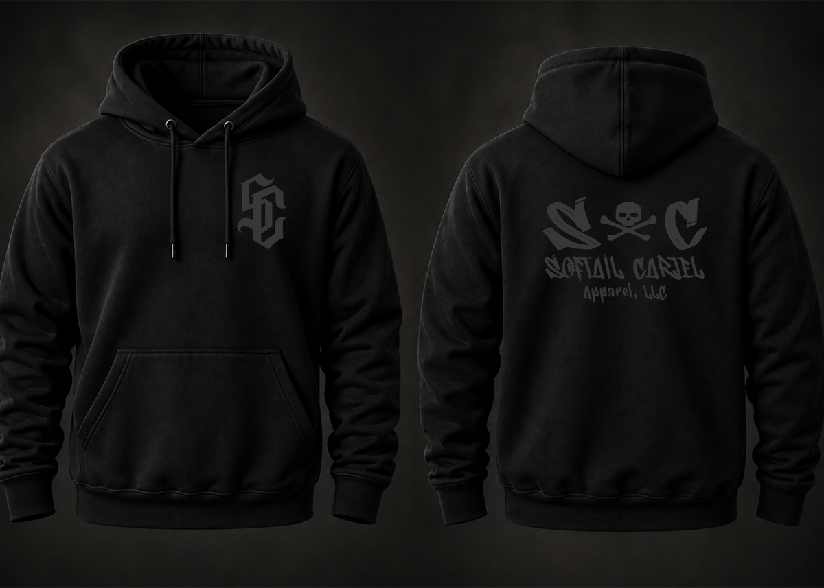 Front and back of black Softail Cartel hoodie with dark grey SC chest monogram and tonal skull-and-crossbones back graphic