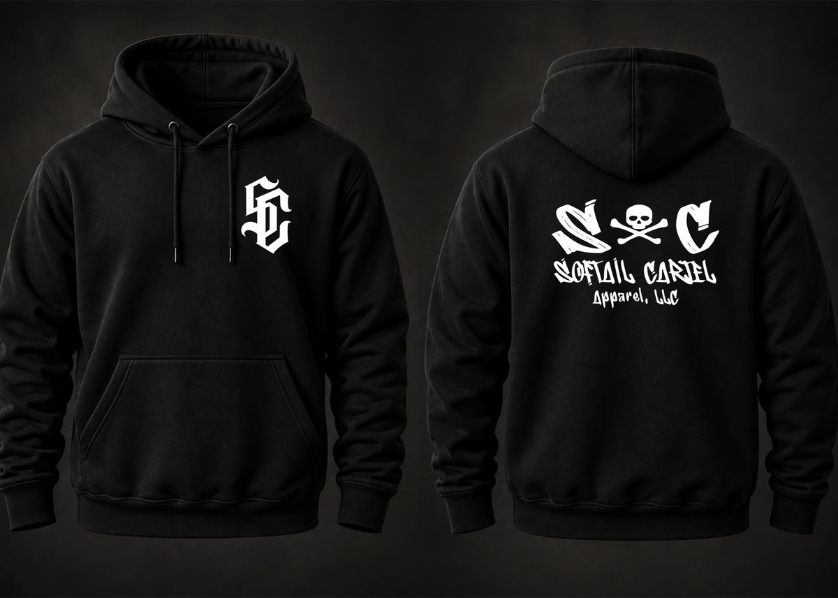 Front and back of black Softail Cartel hoodie with white SC chest monogram and white skull-and-crossbones back graphic